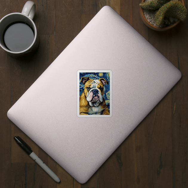 English Bulldog Dog Breed Painting in a Van Gogh Starry Night Art Style by Art-Jiyuu